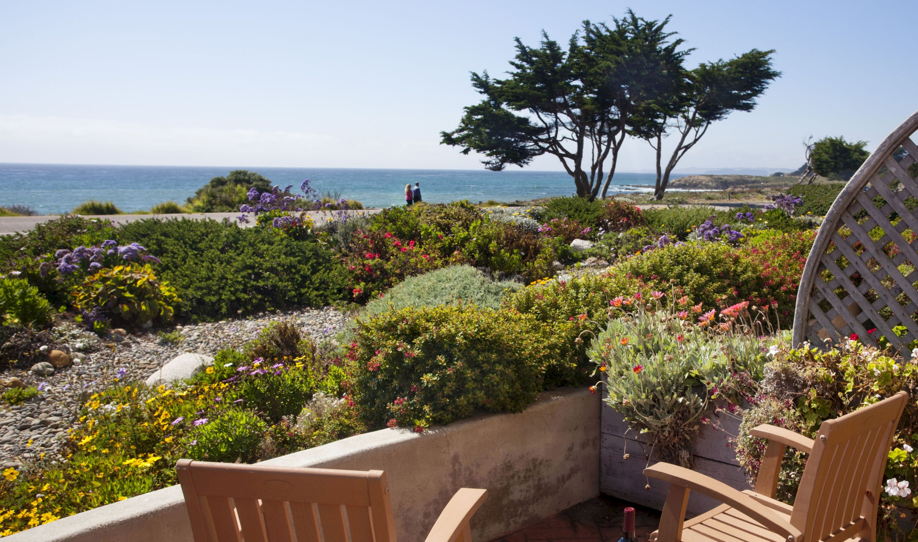 A garden area with outdoor seating and a view of the ocean.