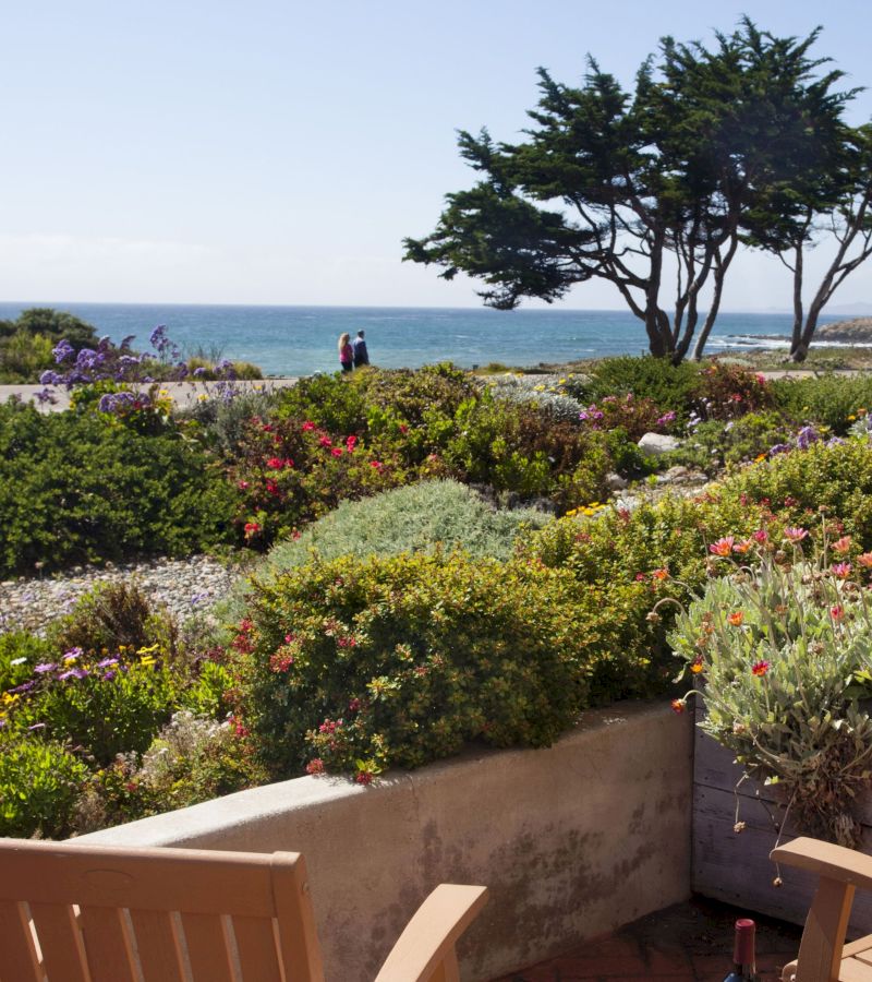A serene garden view with outdoor seating, flowers, and a sea view in the background.